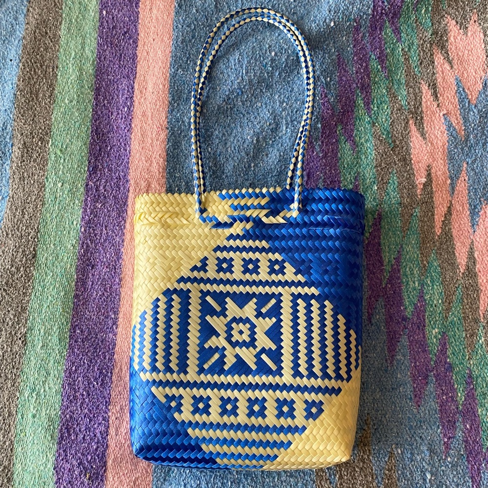 Oaxacan Handwoven Blue & White Tote Bag Purse